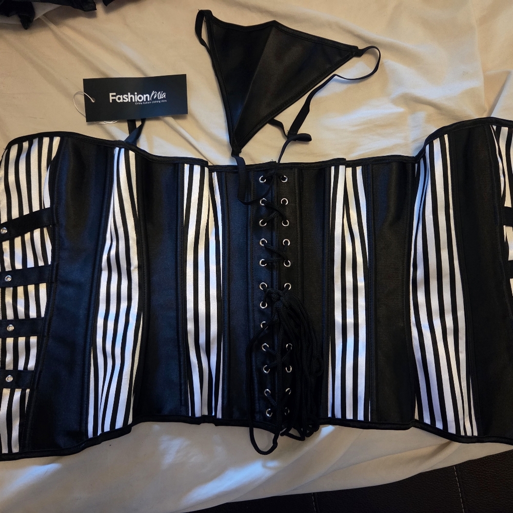 Black and White Striped Corset with Matching Thong